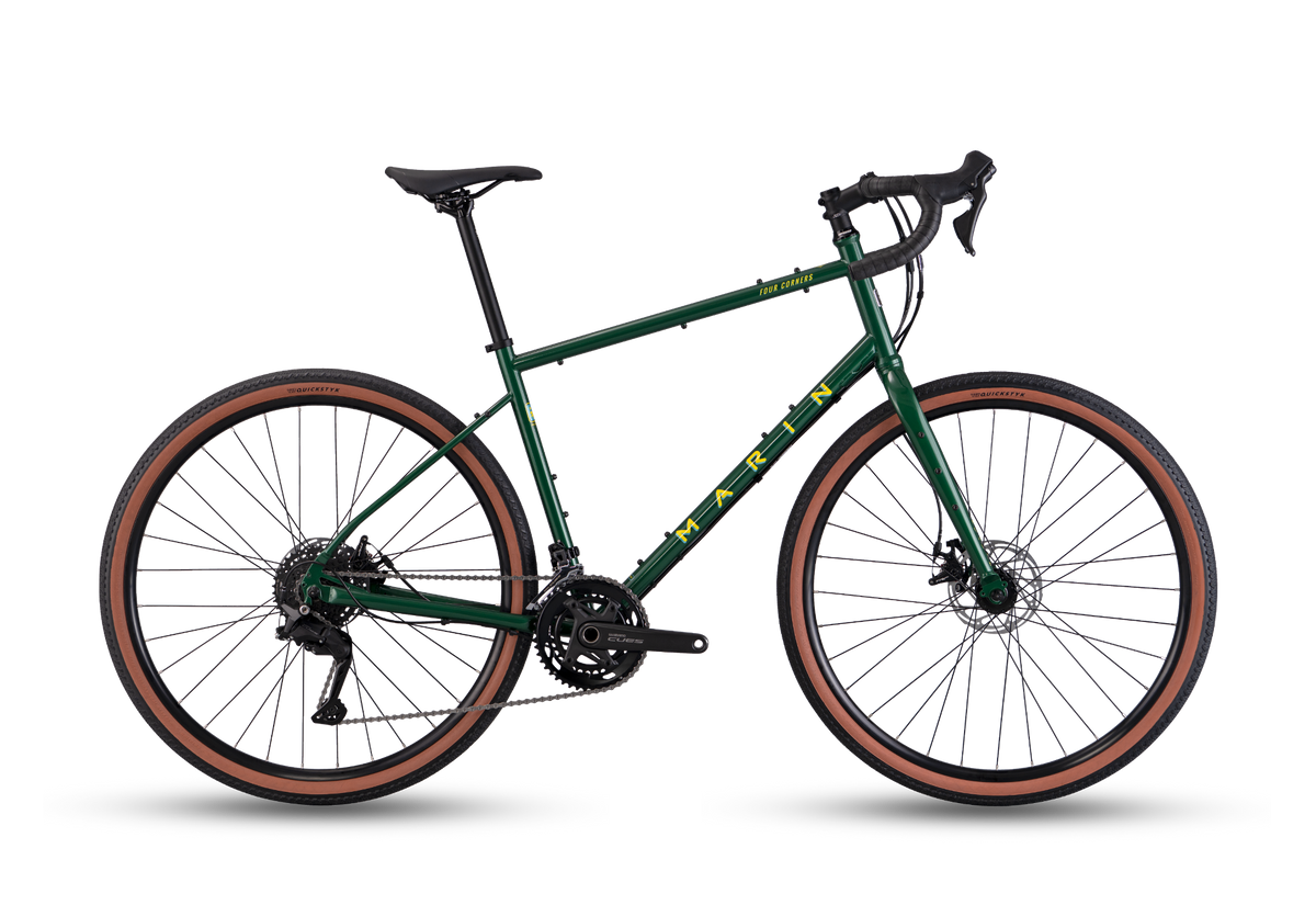 2026 Marin Four Corners 1 in green, steel drop-bar adventure touring bicycle, side profile