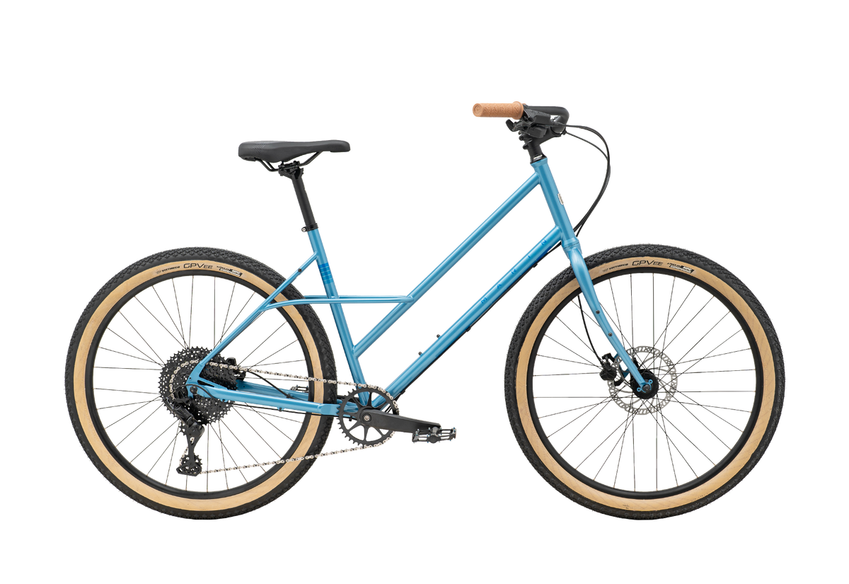 2026 Marin Larkspur 1 in blue, mixte low-step step-through commuter bicycle, side view