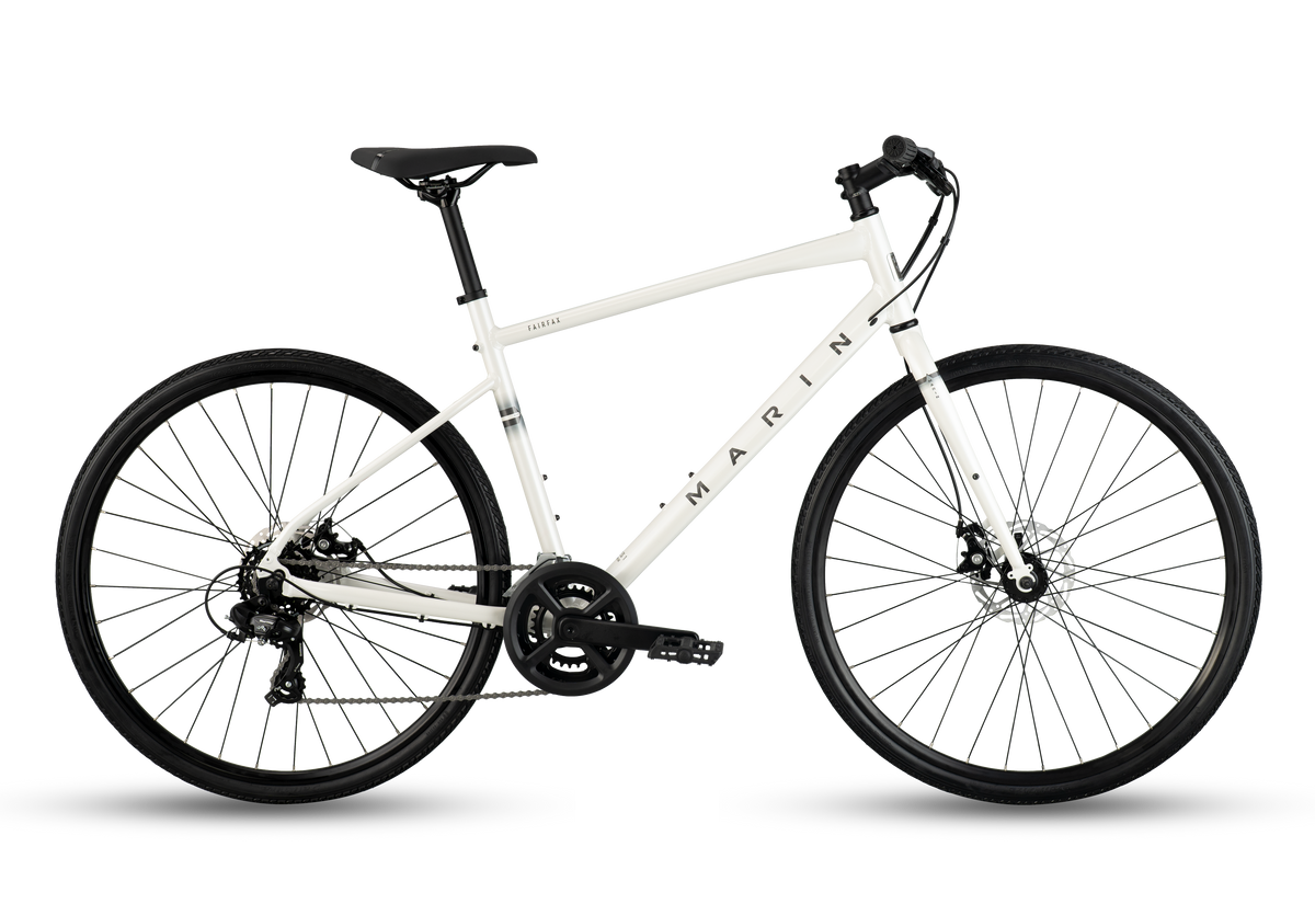 2027 Marin Fairfax 1 in white, flat-bar hybrid commuter bicycle, side profile